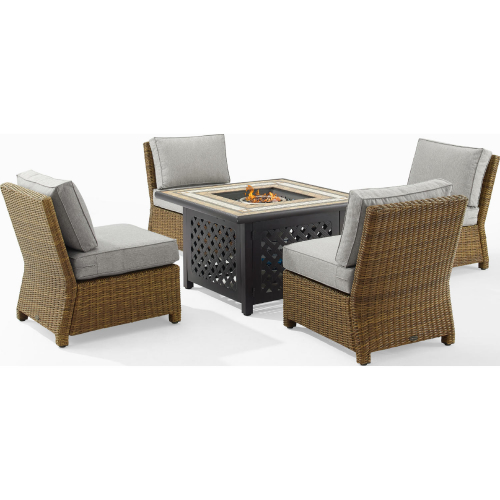 Bradenton 5 Piece Outdoor Armless Chair & Fire Table Set in Resin Wicker & Gray
