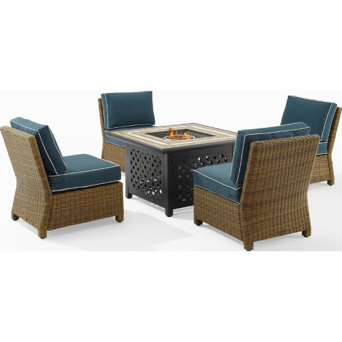 Bradenton 5 Piece Outdoor Armless Chair & Fire Table Set in Resin Wicker & Navy Blue