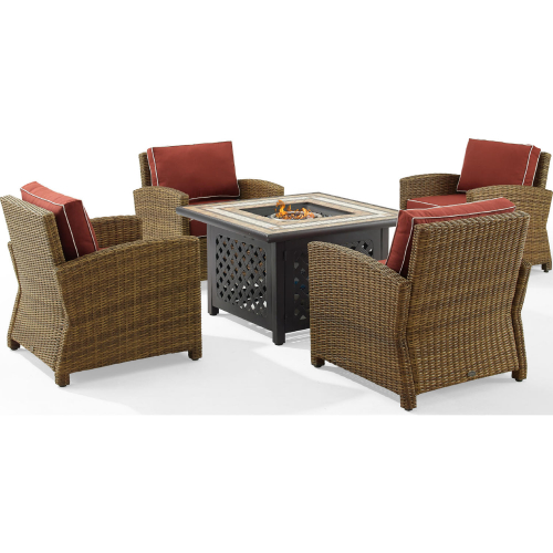 Bradenton 5 Piece Outdoor Arm Chair & Fire Table Set in Resin Wicker & Sangria