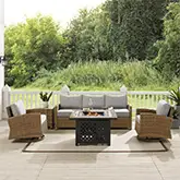 Bradenton 5 Piece Sofa & Tucson Fire Table Set in Resin Wicker & Gray Fabric