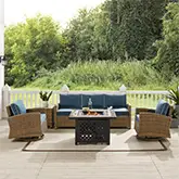 Bradenton 5 Piece Sofa & Tucson Fire Table Set in Resin Wicker & Navy Blue Fabric