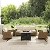 Bradenton 5 Piece Sofa & Tucson Fire Table Set in Resin Wicker & Sand Fabric