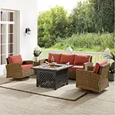 Bradenton 5 Piece Sofa & Tucson Fire Table Set in Resin Wicker & Sangria Fabric