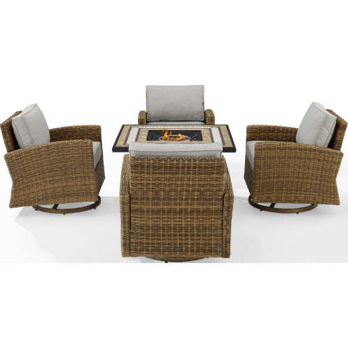 Bradenton 5 Piece Swivel Rocker & Tucson Fire Table Set in Resin Wicker & Gray Fabric