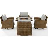 Bradenton 5 Piece Swivel Rocker & Tucson Fire Table Set in Resin Wicker & Gray Fabric