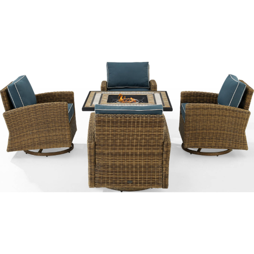 Bradenton 5 Piece Swivel Rocker & Tucson Fire Table Set in Resin Wicker & Navy Blue Fabric