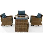 Bradenton 5 Piece Swivel Rocker & Tucson Fire Table Set in Resin Wicker & Navy Blue Fabric