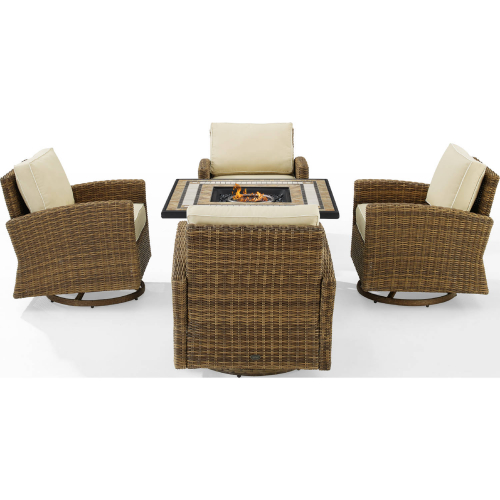 Bradenton 5 Piece Swivel Rocker & Tucson Fire Table Set in Resin Wicker & Sand Fabric