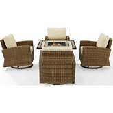 Bradenton 5 Piece Swivel Rocker & Tucson Fire Table Set in Resin Wicker & Sand Fabric