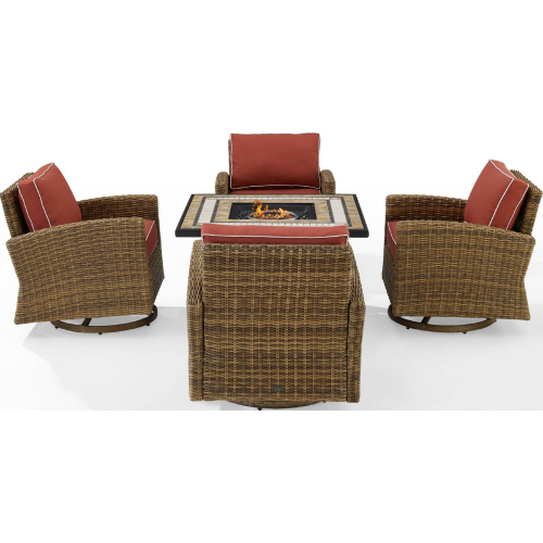 Bradenton 5 Piece Swivel Rocker & Tucson Fire Table Set in Resin Wicker & Sangria Fabric