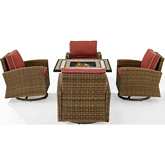 Bradenton 5 Piece Swivel Rocker & Tucson Fire Table Set in Resin Wicker & Sangria Fabric