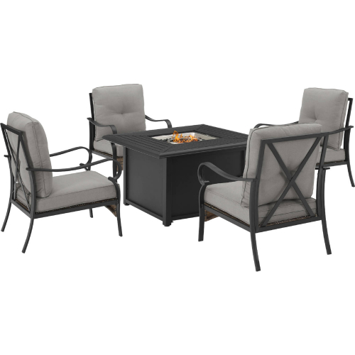 Dahlia 5 Piece Outdoor Accent Chair Set & Dante Fire Table in Taupe, Resin Wicker & Black