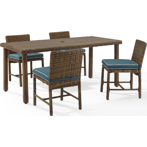 Bradenton 5 Piece Outdoor Dining Set in Resin Wicker & Navy Blue Fabric