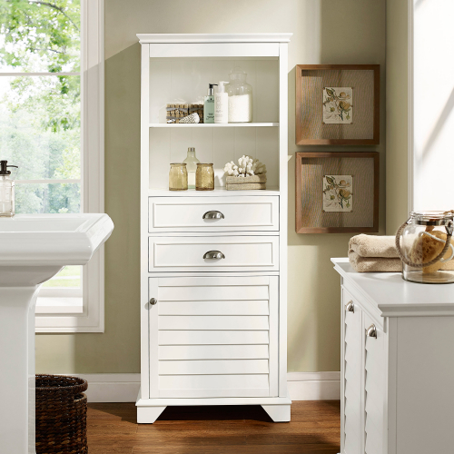 Lydia Tall Cabinet in White Finish Wood with Louvered Doors