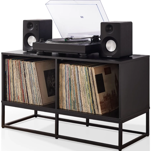 Enzo Medium Record Storage Media Console in Black Wood & Steel