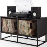Enzo Medium Record Storage Media Console in Black Wood & Steel
