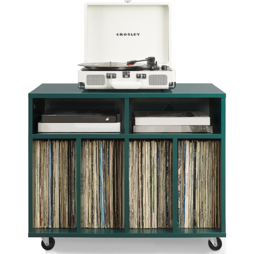 Carlo Rolling Record Player Stand w/ Vinyl Storage in Dark Teal Green