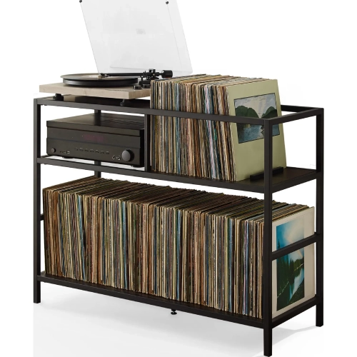 Provo Record Storage Console in Brown Faux Wood, Black & Tempered Glass