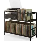 Provo Record Storage Console in Brown Faux Wood, Black & Tempered Glass