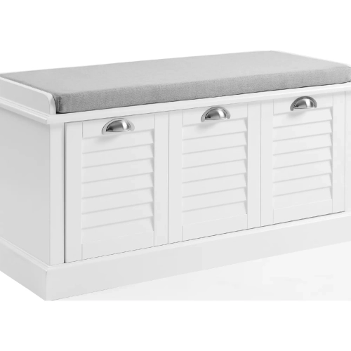 Ellison Entryway Storage Bench in White Wood & Gray Fabric
