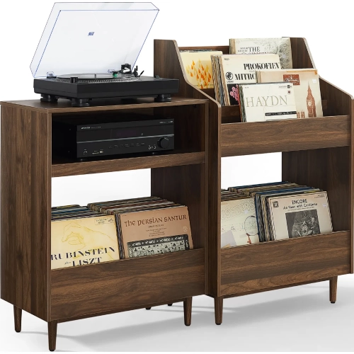 Liam 2 Piece Record Player Stand & Vinyl Storage Set in Walnut Finish