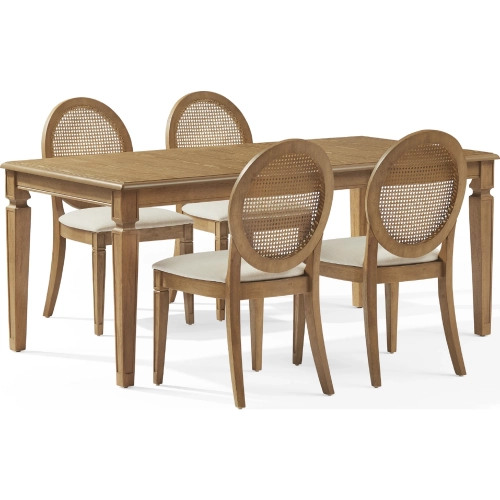 Katia 5 Piece Dining Set in Driftwood Finish, Cane & Cream Fabric