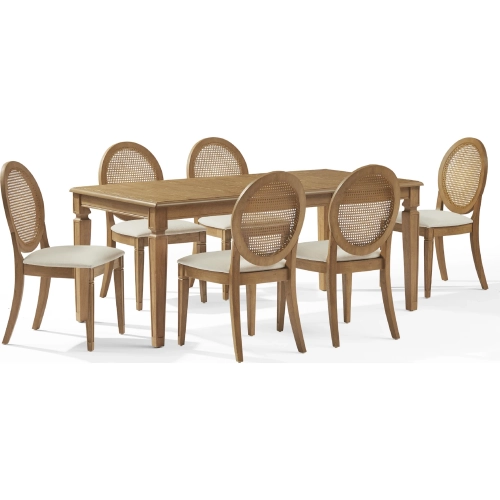 Katia 7 Piece Dining Set in Driftwood Finish, Cane & Cream Fabric