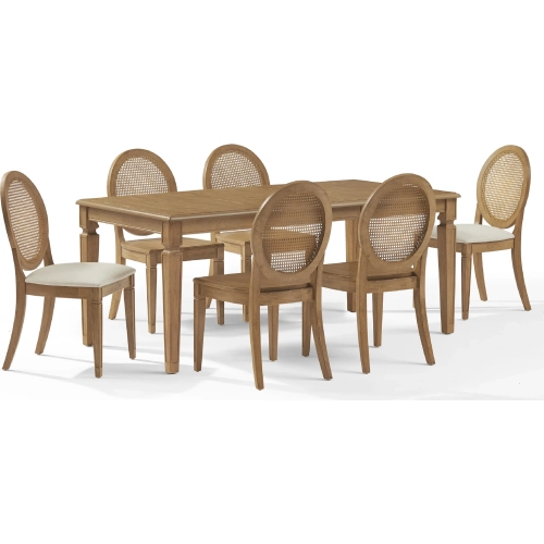 Katia 7 Piece Dining Set in Driftwood Finish, Cane & Cream Fabric