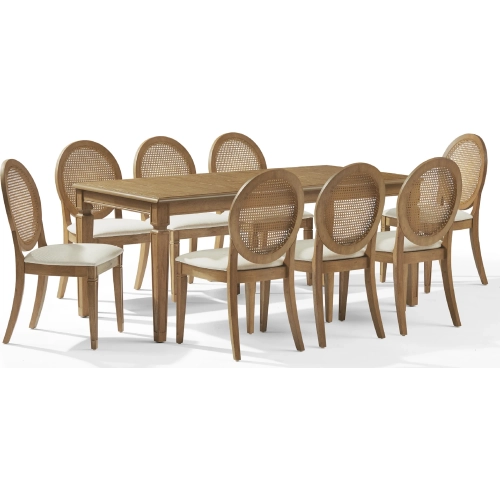 Katia 9 Piece Dining Set in Driftwood Finish, Cane & Cream Fabric
