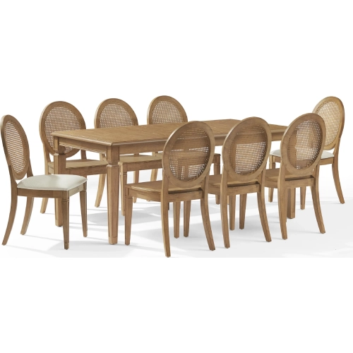 Katia 9 Piece Dining Set in Driftwood Finish, Cane & Cream Fabric