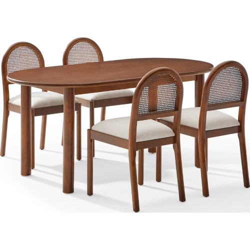 Kennedy 5 Piece Dining Set in Walnut Finish, Cane & Cream Fabric