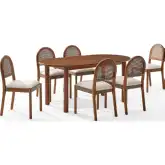 Kennedy 7 Piece Dining Set in Walnut Finish, Cane & Cream Fabric
