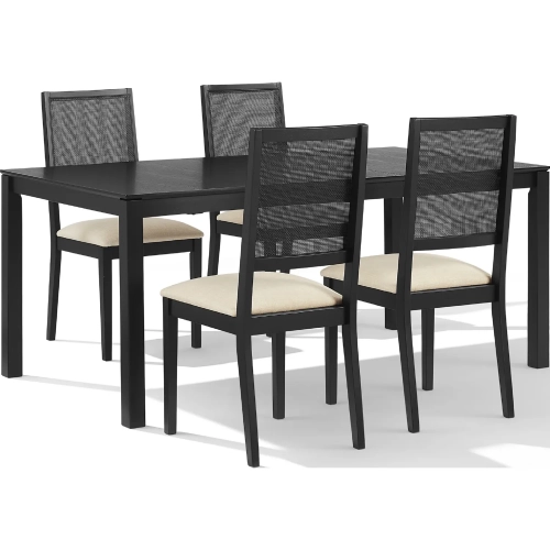 Greer 5 Piece Dining Table Set in Black Ash Wood & Creme Off White Fabric