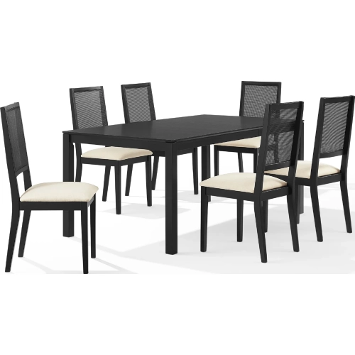 Greer 7 Piece Dining Table Set in Black Ash Wood & Creme Off White Fabric