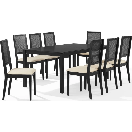 Greer 9 Piece Dining Table Set in Black Ash Wood & Creme Off White Fabric
