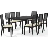 Greer 9 Piece Dining Table Set in Black Ash Wood & Creme Off White Fabric