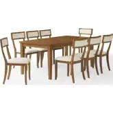 Alessia 9 Piece Dining Set in Brown Wood & Cream Fabric