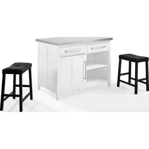 Silvia Kitchen Island in White Finish & Stainless Steel w/ Black Saddle Stools