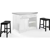 Silvia Kitchen Island in White Finish & Stainless Steel with Black Saddle Stools