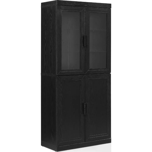 Essen Pantry Storage Cabinet w/ Glass Door Hutch in Black Wood
