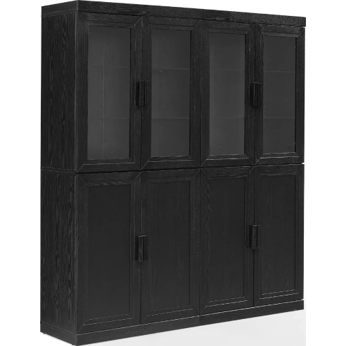 Essen 2 Piece Pantry Storage Cabinet w/ Glass Door Hutch Set in Black Wood