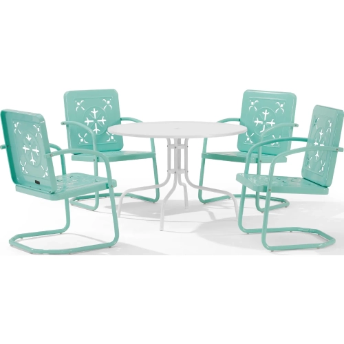 Azalea 5 Piece Round Retro Outdoor Dining Set in Aqua Blue Green Gloss Steel