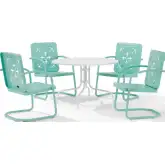 Azalea 5 Piece Round Retro Outdoor Dining Set in Aqua Blue Green Gloss Steel