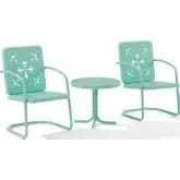 Azalea 3 Piece Retro Outdoor Accent Chair Set in Aqua Blue Green Gloss Steel