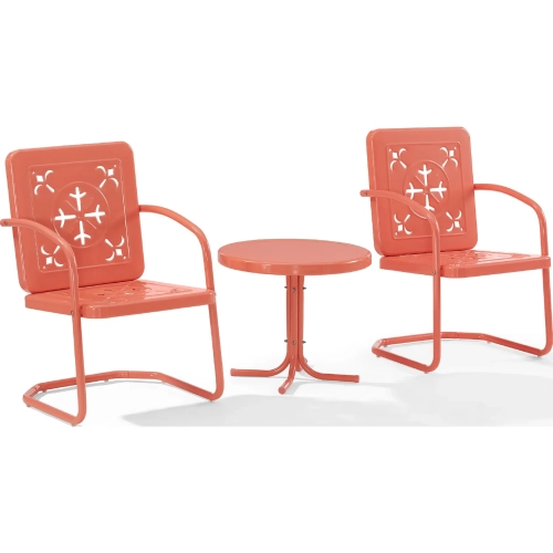 Azalea 3 Piece Retro Outdoor Accent Chair Set in Coral Gloss Steel