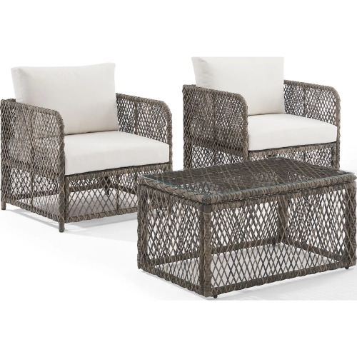 Granite Bay 3 Piece Outdoor Accent Chair Set in PE Wicker & Creme Off White Fabric