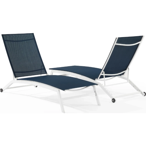 Weaver 2 Piece Outdoor Chaise Lounge Set in Navy Blue Fabric & White Steel