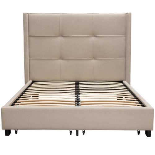 Beverly Queen Bed with Accent Wings & Storage in Tufted Sand Fabric