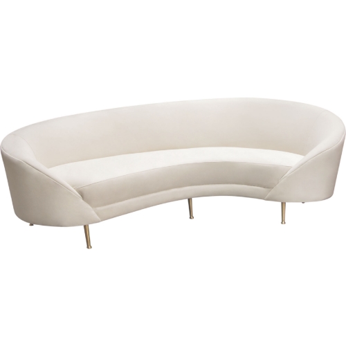 Celine Curved Sofa with Contoured Back in Light Cream Velvet on Gold Metal