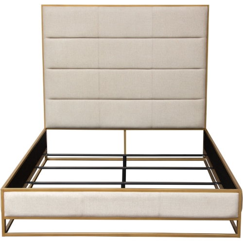 Empire King Bed in Channel Tufted Sand Fabric & Brushed Gold Metal
